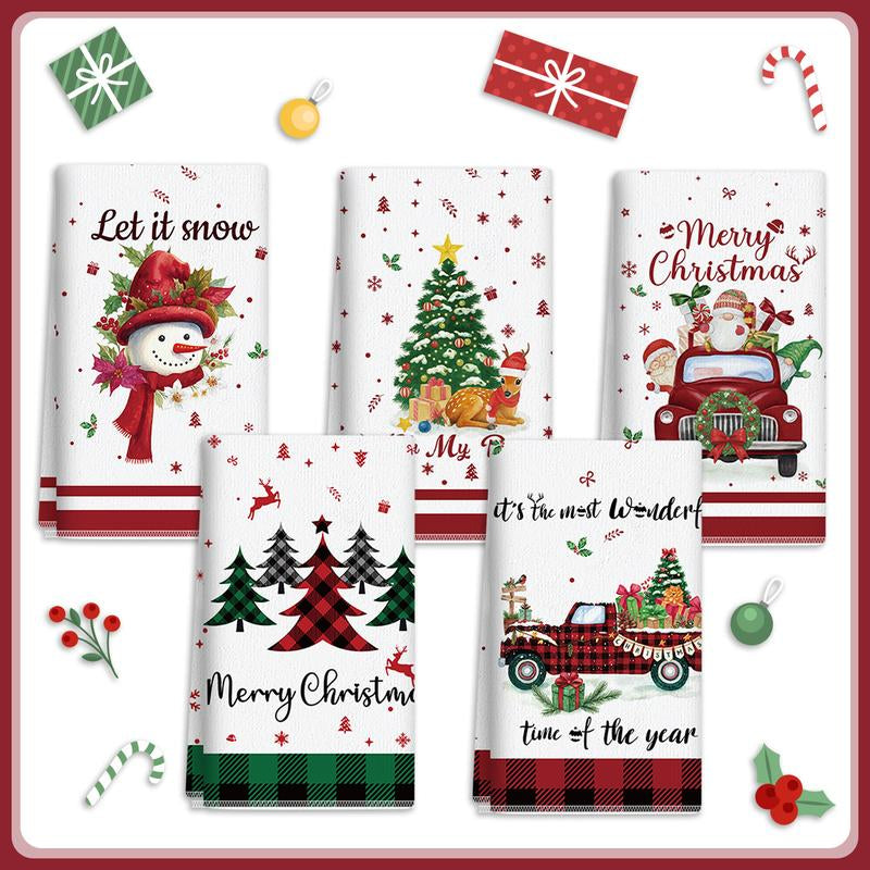 5Pcs Christmas Kitchen Towel Dish Towels and Dishcloths Merry Christmas Tree Reindeer Truck Santa Claus Cartoon Design 15 X 23 Inch Holiday Home Indoor Bathroom Party Noel Decorations Hand Towels Gift Supplies