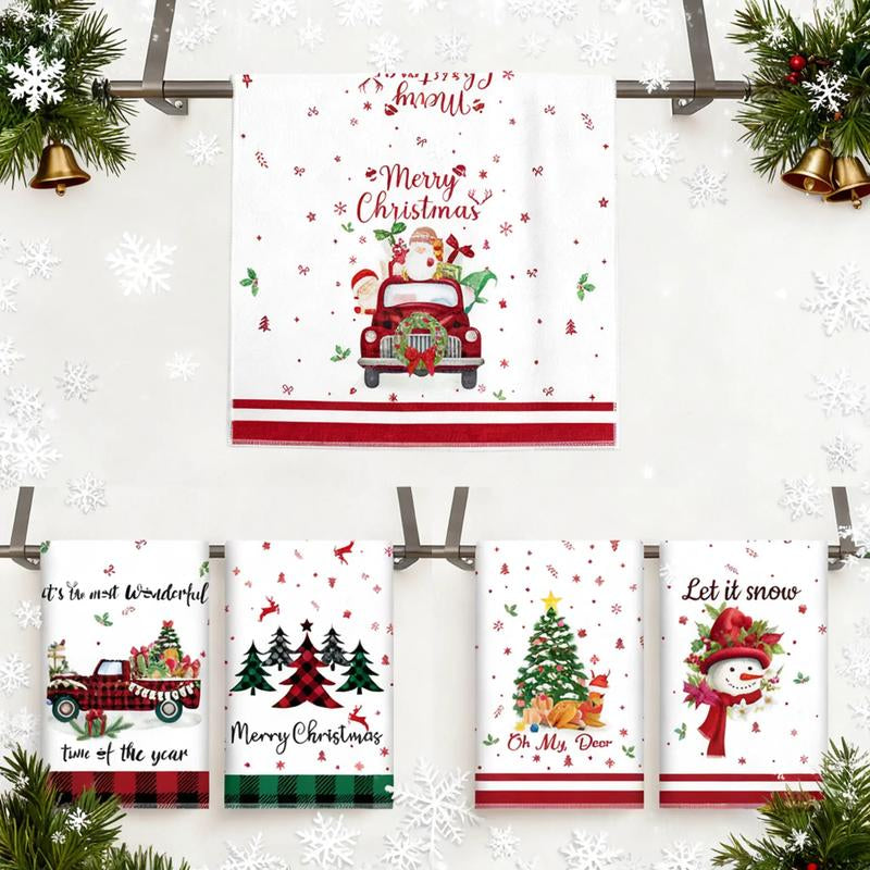 5Pcs Christmas Kitchen Towel Dish Towels and Dishcloths Merry Christmas Tree Reindeer Truck Santa Claus Cartoon Design 15 X 23 Inch Holiday Home Indoor Bathroom Party Noel Decorations Hand Towels Gift Supplies