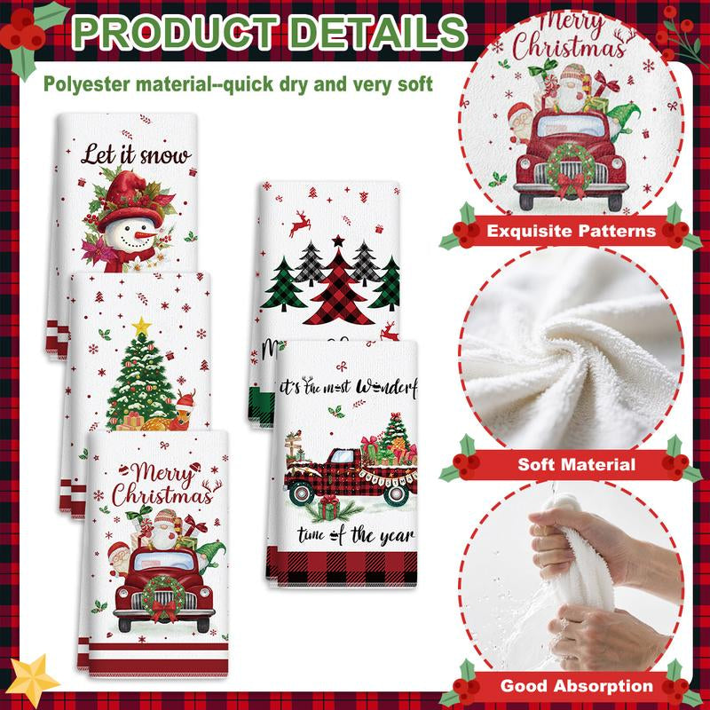 5Pcs Christmas Kitchen Towel Dish Towels and Dishcloths Merry Christmas Tree Reindeer Truck Santa Claus Cartoon Design 15 X 23 Inch Holiday Home Indoor Bathroom Party Noel Decorations Hand Towels Gift Supplies