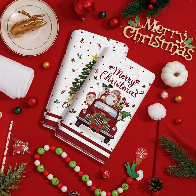 5Pcs Christmas Kitchen Towel Dish Towels and Dishcloths Merry Christmas Tree Reindeer Truck Santa Claus Cartoon Design 15 X 23 Inch Holiday Home Indoor Bathroom Party Noel Decorations Hand Towels Gift Supplies