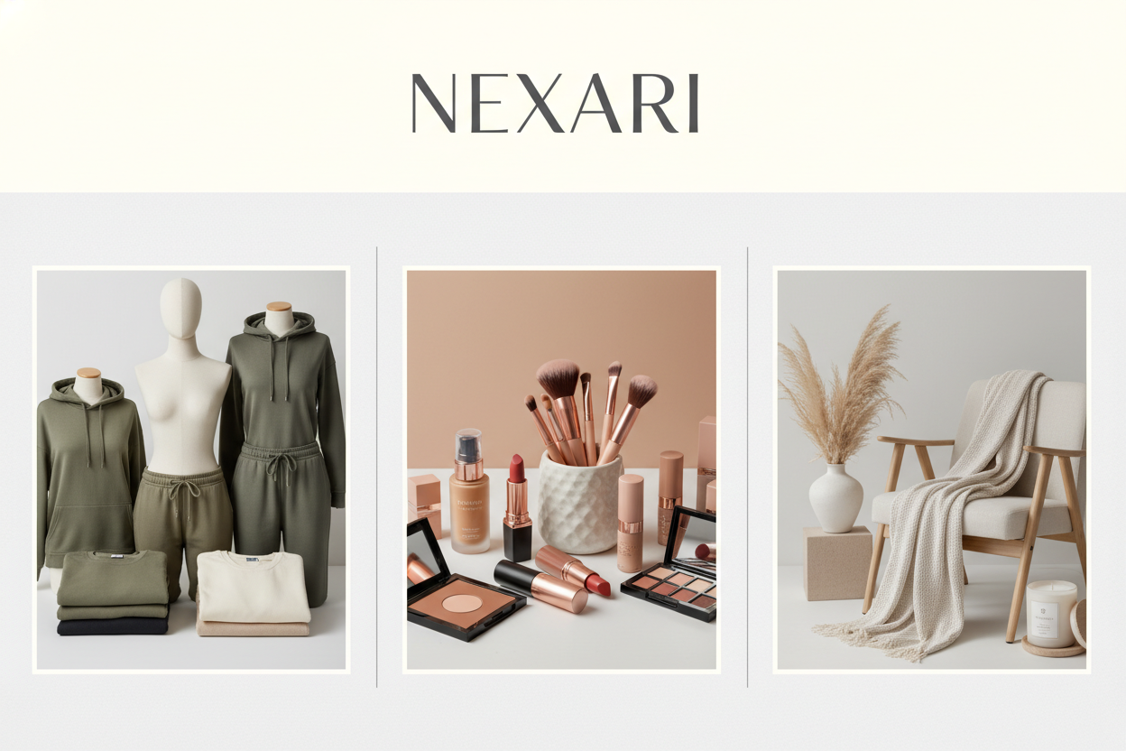I want the Nexari Name at the top and i want three section of hoodies, makeup, and home stuff Nexari name 